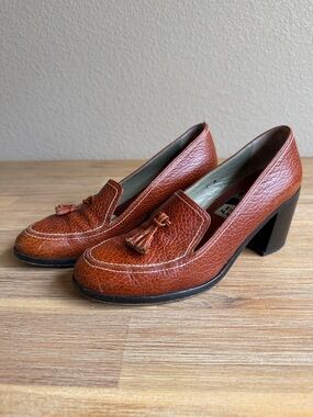 Paul Mayer Pebbled Leather Tassel Block Heels in Cognac